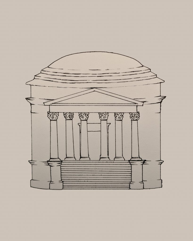 Illustration av Romulus Mausoleum. Efter illustration av Luigi Canina,1800-tal. 