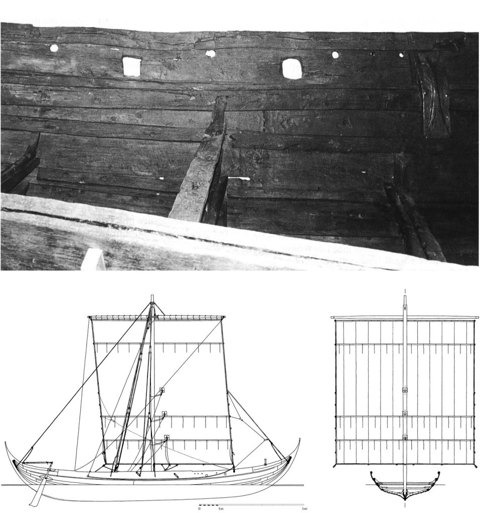 En schematisk bild på ett vikingatida skepp. 