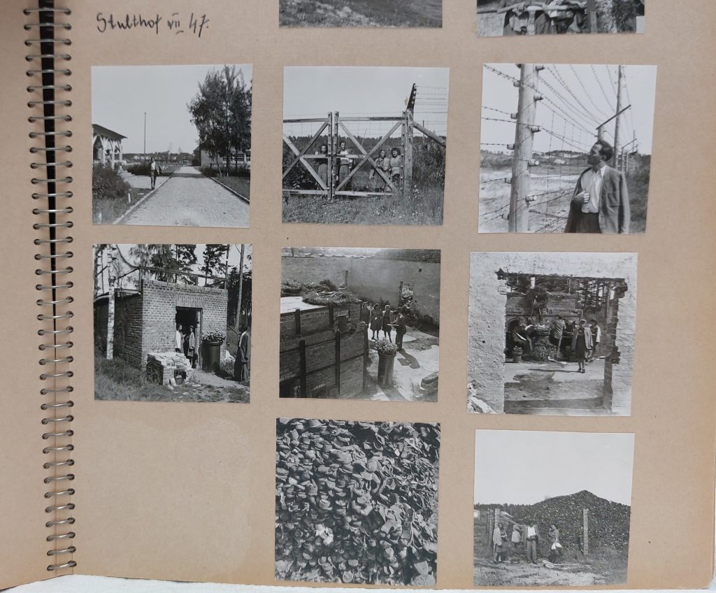 Sida ur fotoalbum med åtta bilder från koncentrationsläger.