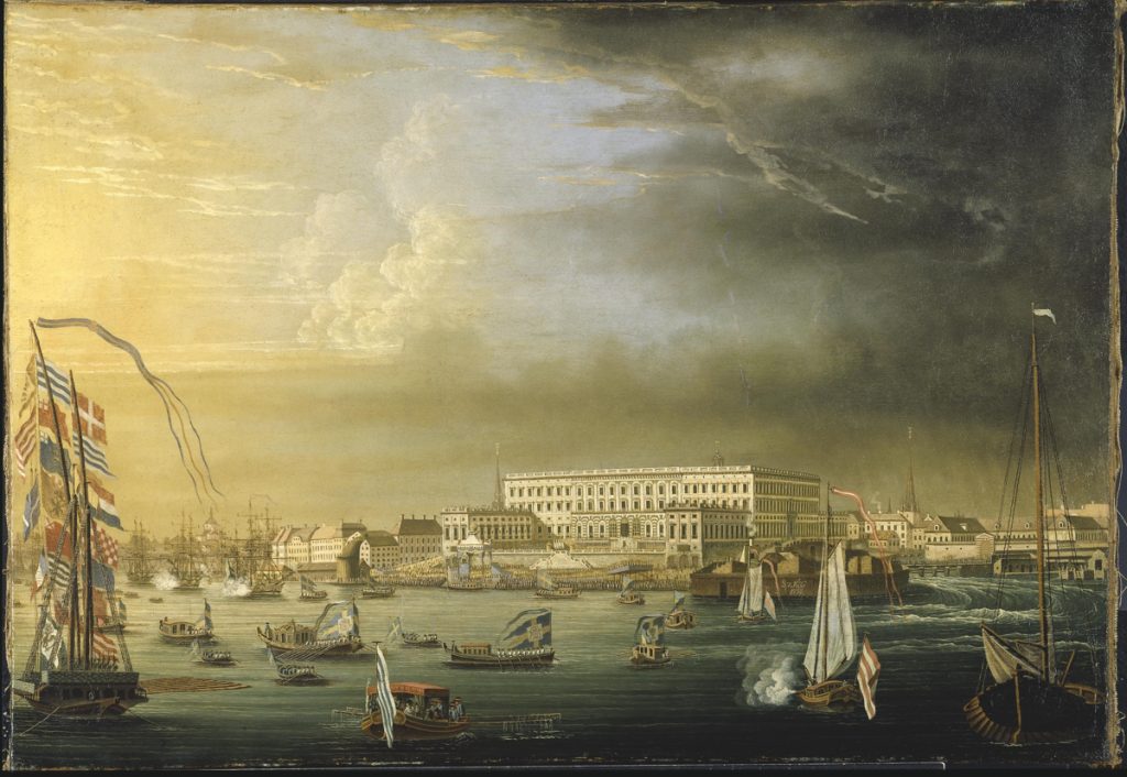 Målning med Stockholms slott i bakgrunden och Stockholms ström full av båtar i förgrunden.