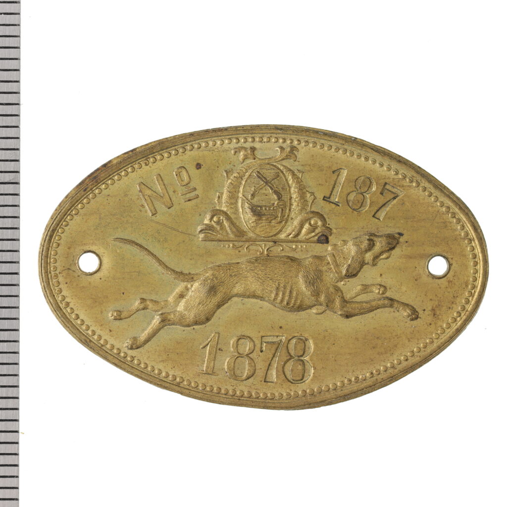 Ovalt metallmärke med hund och siffror.