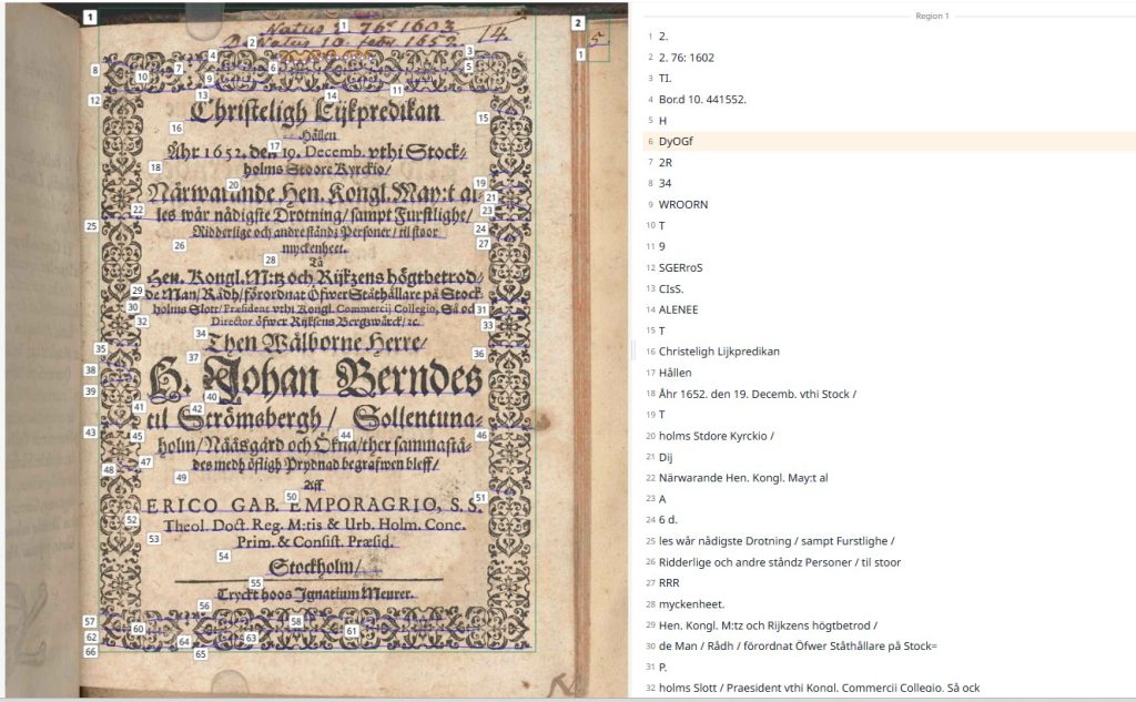 Boksida med tryckt text och en sida för transkribering intill.
