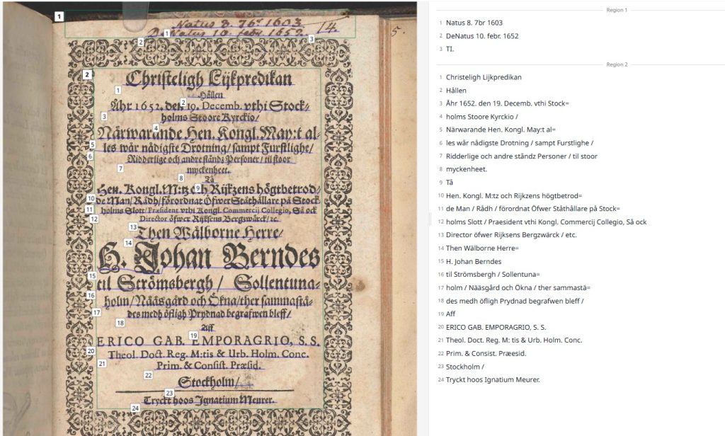 Boksida med tryckt text och en sida för transkribering intill.