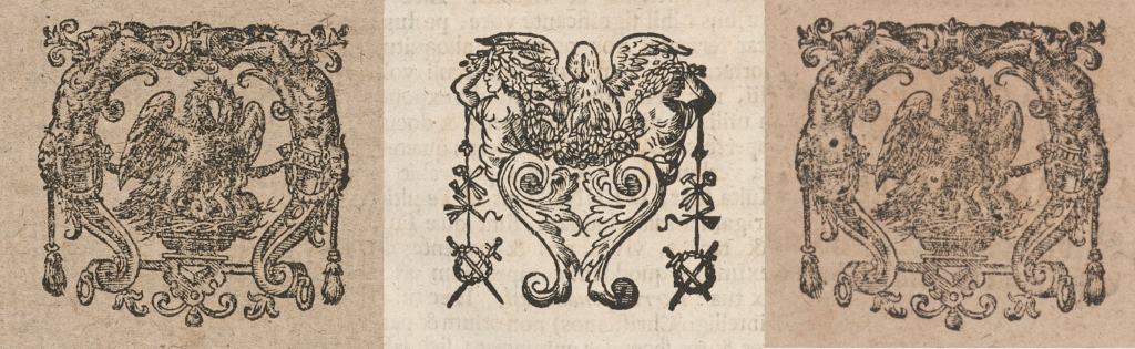 Tre teckningar av pelikaner omgivna av växtornament.