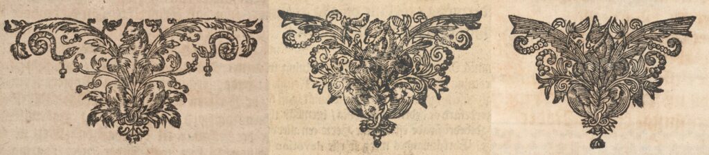 Tre teckningar av djur som är omgivna av växtornament.