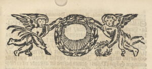 Etsning med två små änglar som håller en lagerkrans mellan sig.