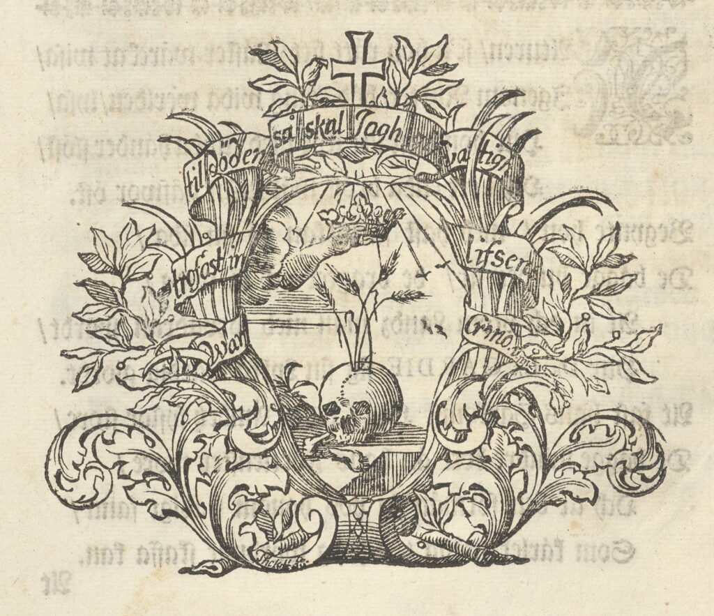 Etsning med dödskalle omgiven av akantusblad, kors och en textbanderoll.