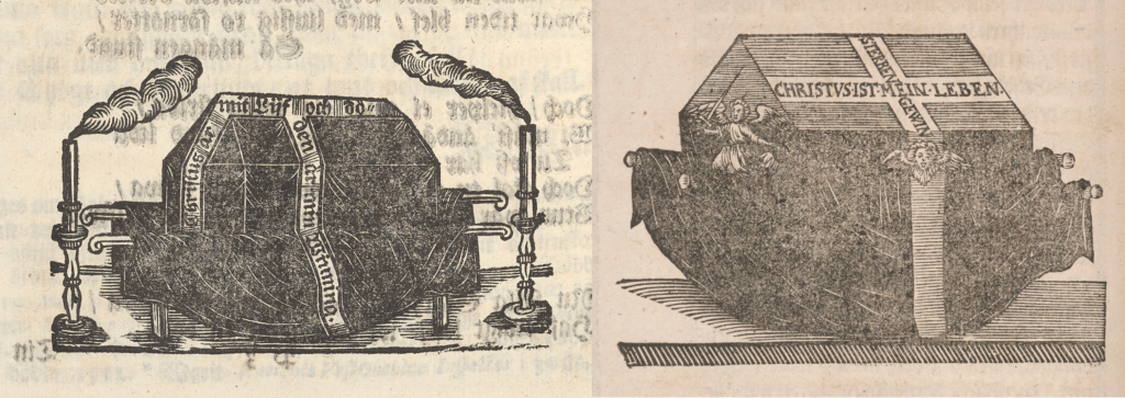 Två etsningar med motiv av kistor och textbanderoller