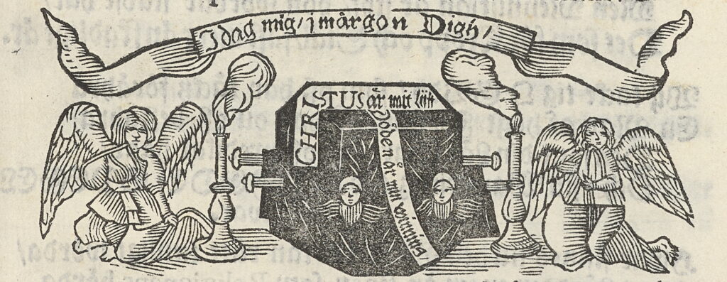 Etsning med kista omgiven av små änglar och textbanderoller.