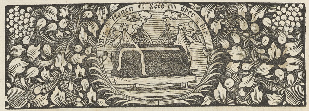 Etsning med kista omgiven av blommor, blad och änglar.