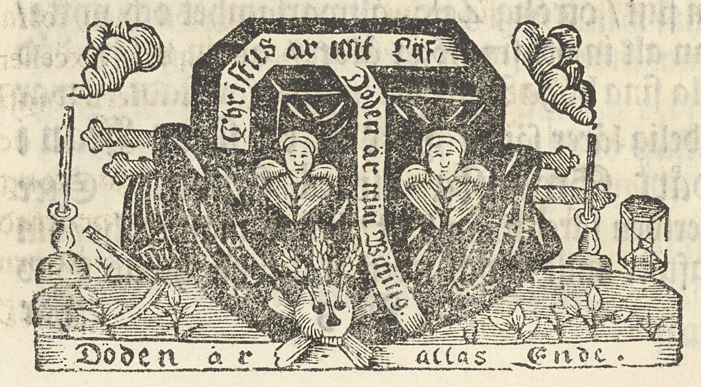 Mycket detaljerad etsning med kista, änglar, dödskalle, text etc.