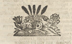 Etsning av dödskalle med ax som växer ur ögon och näsa och en banderoll med texten Memento Mori.