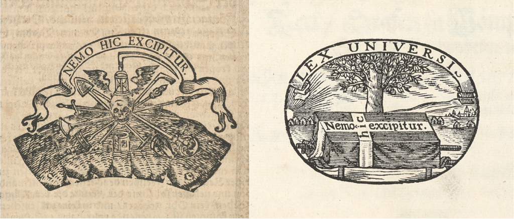 Två etsningar med banderoller där det står Lex Universi.