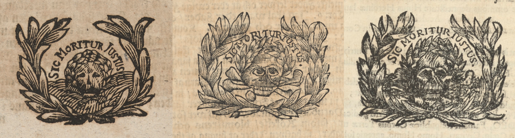 Tre etsningar med banderoller med texten Sic moritur justus.