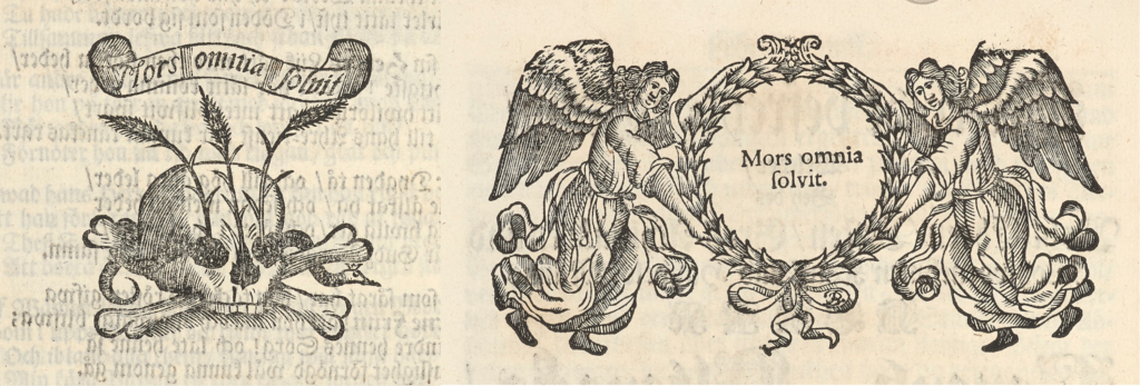 Etsningar med banderoller med texten Mors omnia solvit.