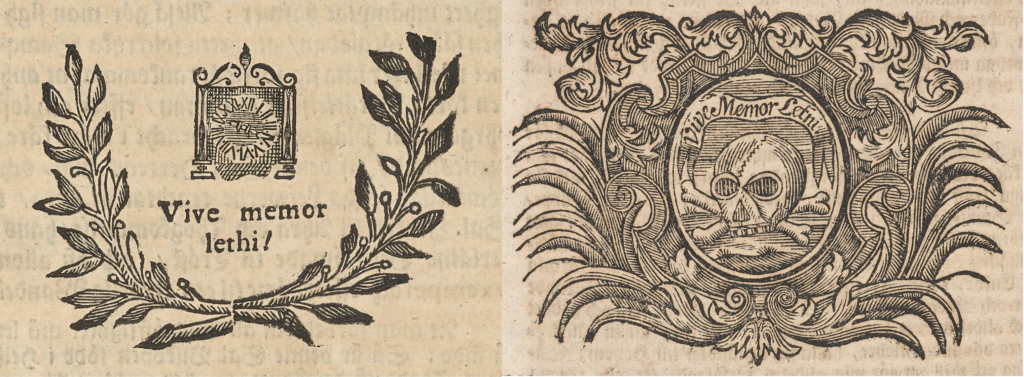 Etsningar med banderoller med texten Vive memor letni.