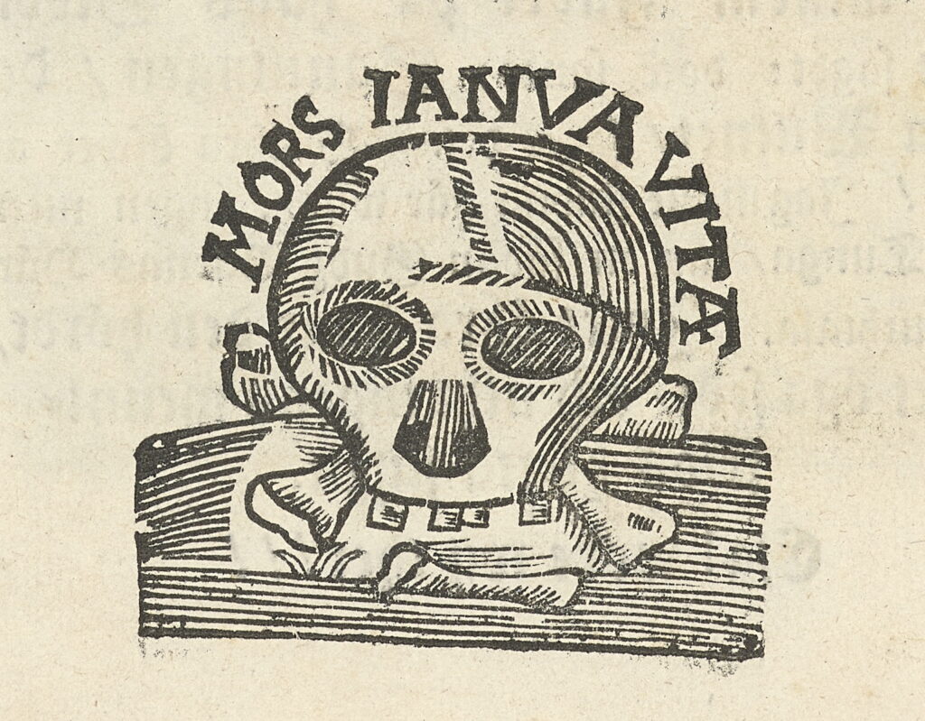 Etsning med dödskalle och texten Mors lanva vitae.