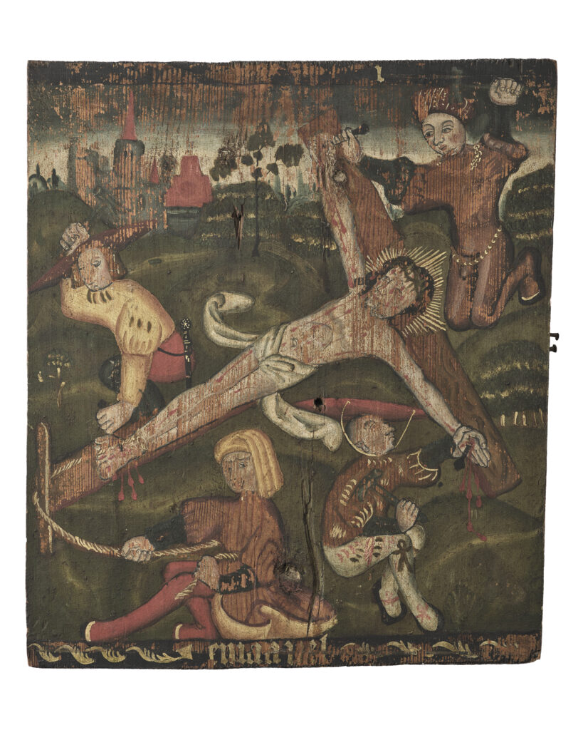 Målning som visar hur Jesus spikas upp på korset. 