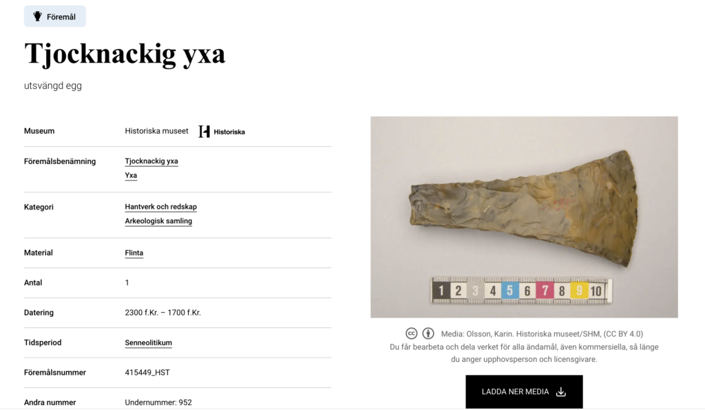 Skärmklipp från SHM:s databas. Visar en föremålspost med en stenyxa.