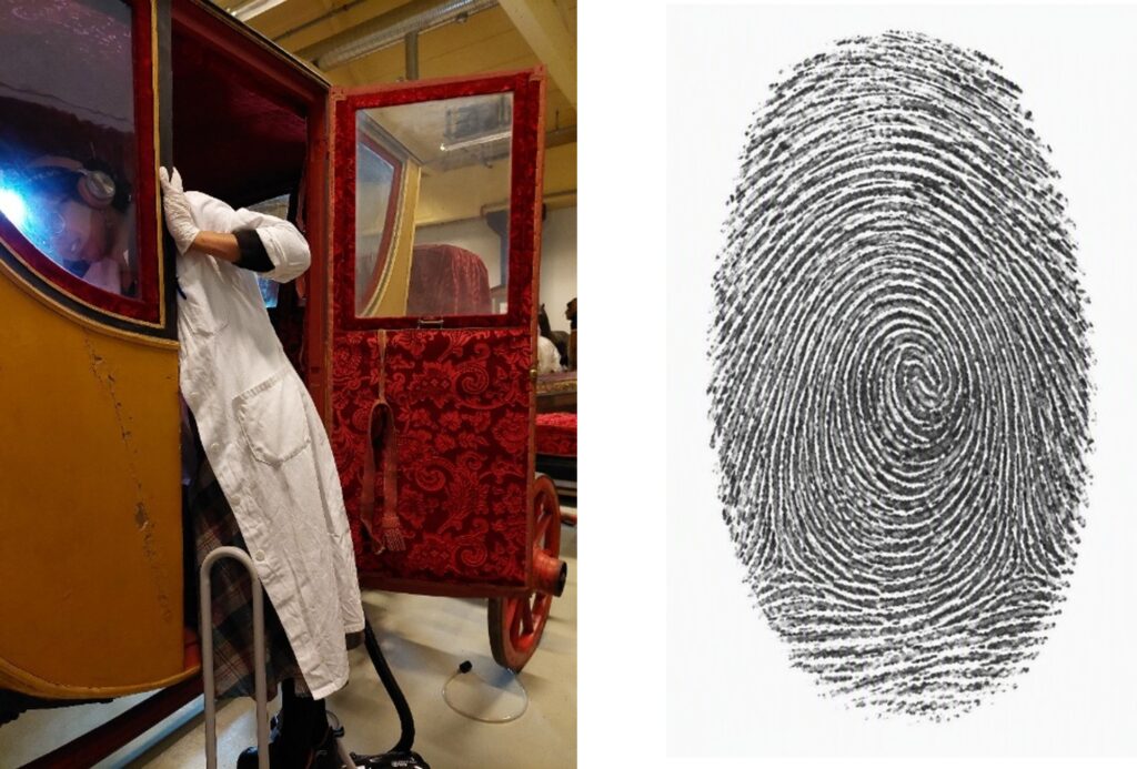 Konservator som rengör en vagn. Bredvid syns ett AI-genererat fingeravtryck.